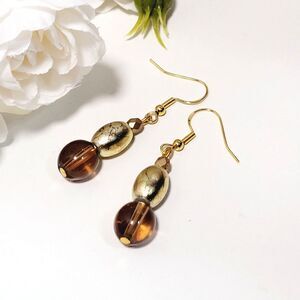 Gold Smoky Quartz Gold plated Hooks Hidden Meaning earrings Neo Deco, Vamp  392■